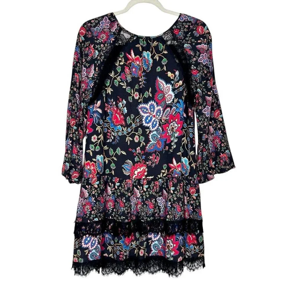 Alice + Olivia Lakita Tunic Dress Small Black Floral Long Sleeve Tiered Lace Boh - Picture 2 of 16